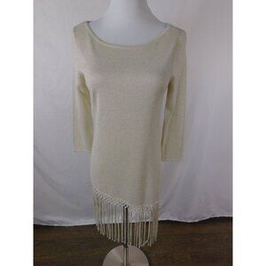White House Black Market Metallic Fringe Hem Top XS Beige 3/4 Sleeve